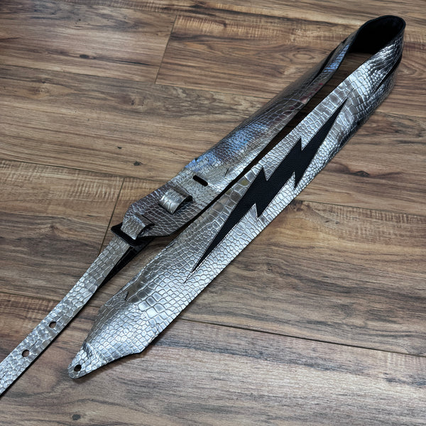 Carlino Ace Lightening Bolt strap Silver Croc with black leather bolt