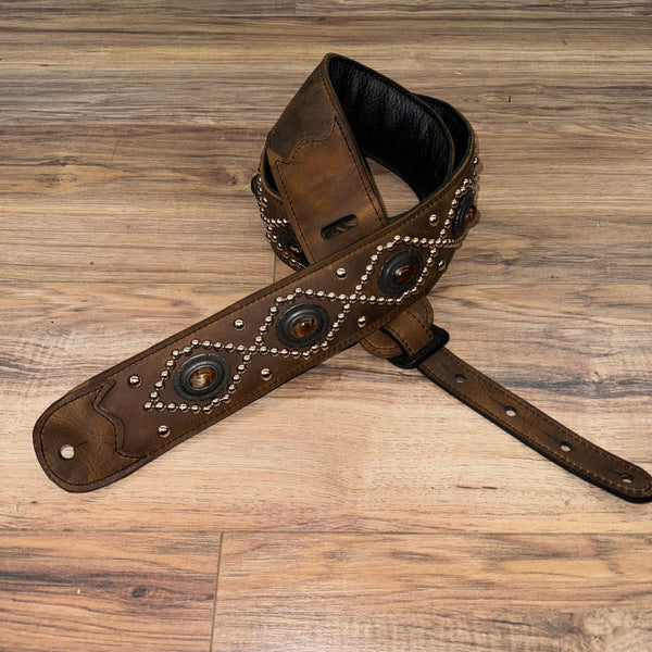 Carlino custom Orianthi Stage Strap in Ranch Dark brown leather with Amber conchos