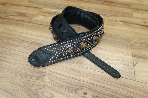 Carlino Custom Tiger Eye Swirl Black Leather Guitar Strap