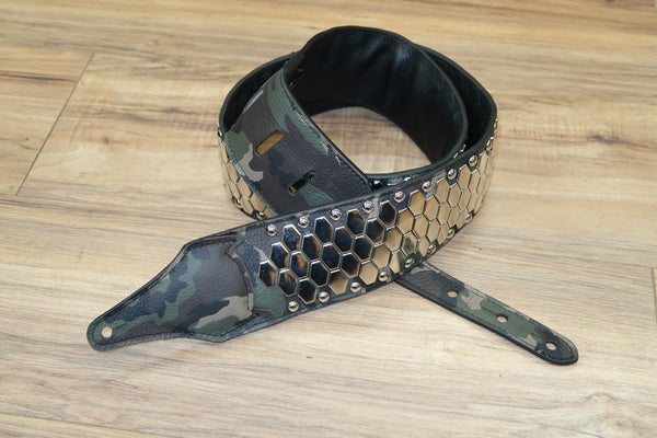 Carlino Army Camo Anaconda flat stud leather guitar strap, long