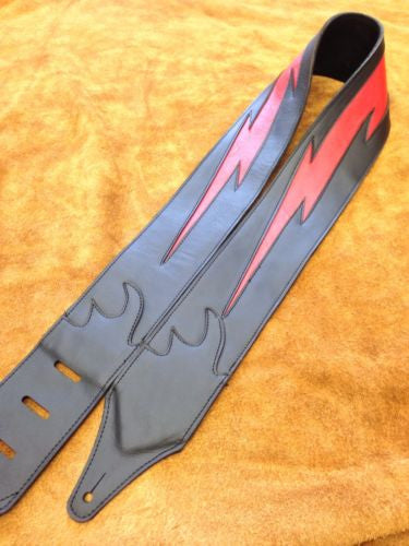 Carlino Custom Red Lightening Bolt Black Leather Guitar Strap