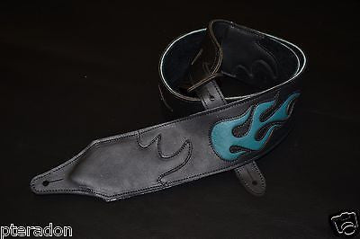 Carlino Custom Teal Leather Flame Black Leather Guitar Strap