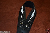 Carlino Custom White Lightening Double Bolt/Swirl stud blk leather Guitar Strap