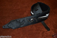 Carlino Custom White Lightening Double Bolt/Swirl stud blk leather Guitar Strap