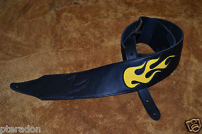 Carlino Custom Yellow Leather Flame Black Leather Guitar Strap