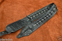 Carlino MetalMan Black Leather Grommet Crocodile ends Guitar Strap, 3.5"  w/lace
