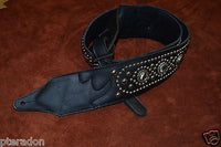 Carlino Exotic Series Abalone Concho Studded Black Leather Guitar Strap