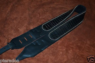 Carlino Custom Gator Pattern Stud Cartouche Black Leather Guitar strap 3.1" wide