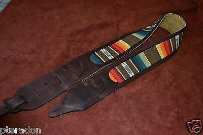 Carlino Custom Santa Fe Brown Leather Cartouche Guitar Strap, Atzec Rio Grande