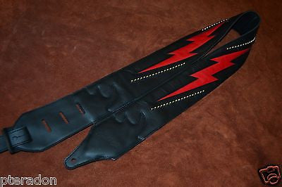 Carlino Custom Red Lightening Double Bolt/Studded Black Leather Guitar Strap
