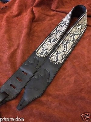 Carlino Custom Cobra Pattern Stud Cartouche Black Leather Guitar strap 3" wide