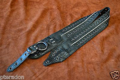 Carlino MetalMan Black Leather Grommet Crocodile ends Guitar Strap, 3.5"