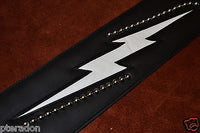 Carlino Custom White Lightening Double Bolt/Swirl stud blk leather Guitar Strap