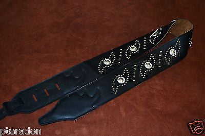 Carlino Custom Studded Nibiru Black Leather Guitar Strap, Tobacco Suede back
