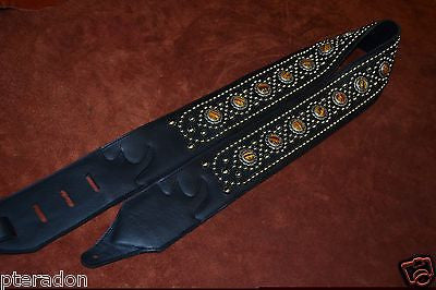 Carlino Exotic Series Tiger Eye Concho Studded Black Leather Guitar Strap