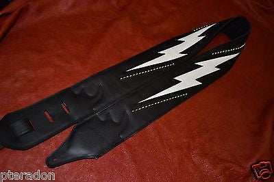 Carlino Custom White Lightening Double Bolt/Studded Black Leather Guitar Strap