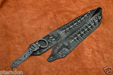 Carlino MetalMan Black Leather Grommet Crocodile ends Guitar Strap, 3.5"  w/lace