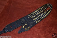 Carlino Custom Select Black Leather and Gold Grommet and Stud Metal Guitar Strap