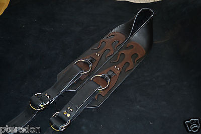 Carlino Gladiator Black Leather Guitar Strap w/flames For Heavy Guitars 3.5"