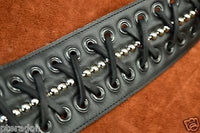 Carlino MetalMan Black Leather Grommet Crocodile ends Guitar Strap, 3.5"  w/lace