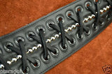 Carlino MetalMan Black Leather Grommet Crocodile ends Guitar Strap, 3.5"  w/lace