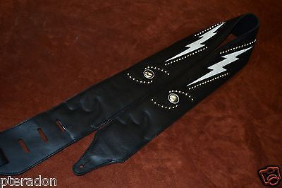 Carlino Custom White Lightening Double Bolt/Swirl stud blk leather Guitar Strap