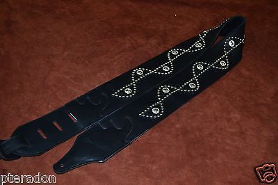 Carlino Custom NEW Sine Wave Studded Black Leather Guitar Strap 3" wide