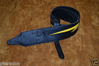 Carlino Custom Yellow Lightening Bolt Black Leather Guitar Strap