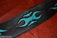 Carlino Custom Sea Foam Green/Turquoise Leather Flame Black Leather Guitar Strap