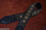 Carlino Exotic Series Tiger Eye Concho Studded Black Leather Guitar Strap