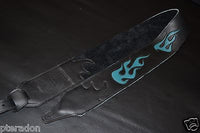 Carlino Custom Teal Leather Flame Black Leather Guitar Strap