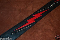 Carlino Custom Red Lightening Double Bolt/Studded Black Leather Guitar Strap