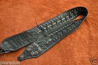 Carlino MetalMan Black Leather Grommet Crocodile ends Guitar Strap, 3.5"  w/lace