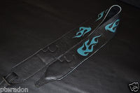Carlino Custom Teal Leather Flame Black Leather Guitar Strap