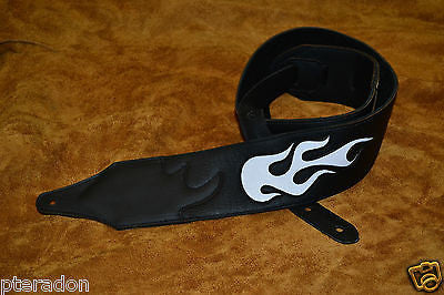 Carlino Custom White Leather Flame Black Leather Guitar Strap