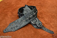 Carlino MetalMan Black Leather Grommet Crocodile ends Guitar Strap, 3.5"  w/lace