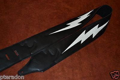 Carlino Custom White Leather Lightening Double Bolt Black Leather Guitar Strap