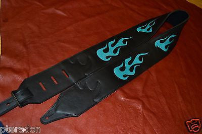 Carlino Custom Sea Foam Green/Turquoise Leather Flame Black Leather Guitar Strap