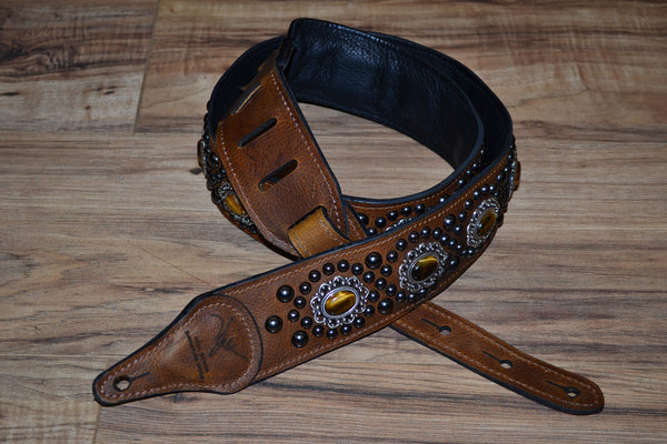 Carlino Thin Line Tiger Eye Kodiak Oil Brown leather guitar Strap