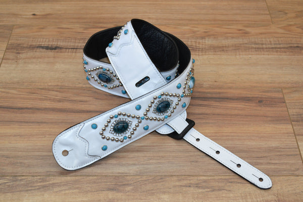 Carlino Orianthi White Leather Orbit Blue Dragon Vein Concho Guitar Strap