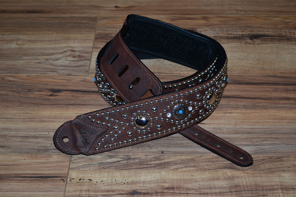 Carlino Kodiak Oiled BrownLeather Studden Strap, Turquoise conchos