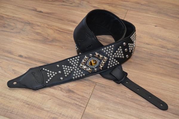 Carlino Tigereye Stone Swarovski Rhinestone Templar Cross Black Leather Strap