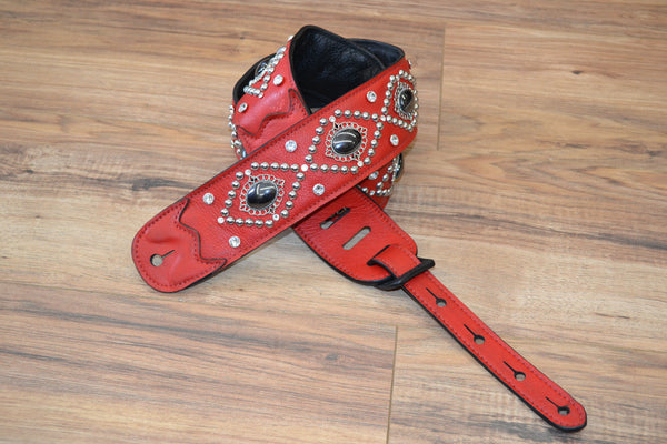 Carlino Orianthi Signature Black Hematite and Rhinestone Red leather Strap 2021 Black