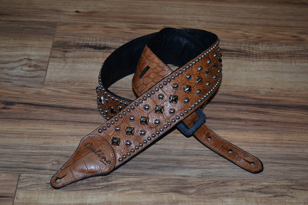 Carlino Distressed Gator Embossed Brown Leather Studded Guitar Strap