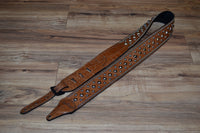 Carlino Distressed Gator Embossed Brown Leather Studded Guitar Strap