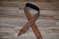 Carlino Distressed Gator Embossed Brown Leather Studded Guitar Strap