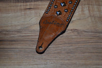 Carlino Distressed Gator Embossed Brown Leather Studded Guitar Strap