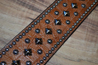 Carlino Distressed Gator Embossed Brown Leather Studded Guitar Strap