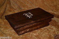 Jewelry Box, Custom,Flamed Bastogne Walnut, Monogrammed, 2 Peruvian walnut trays