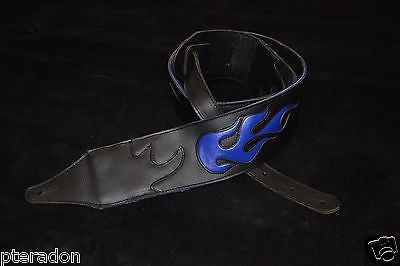 Carlino Custom Blue Leather Flame Black Leather Guitar Strap